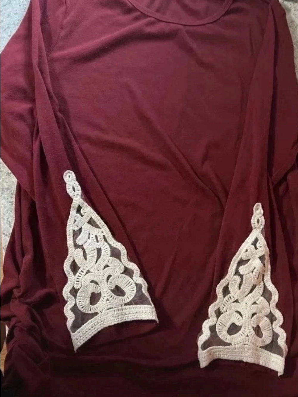Women's Maroon Maternity Long-Sleeve Tee with Ivory Crochet Accent